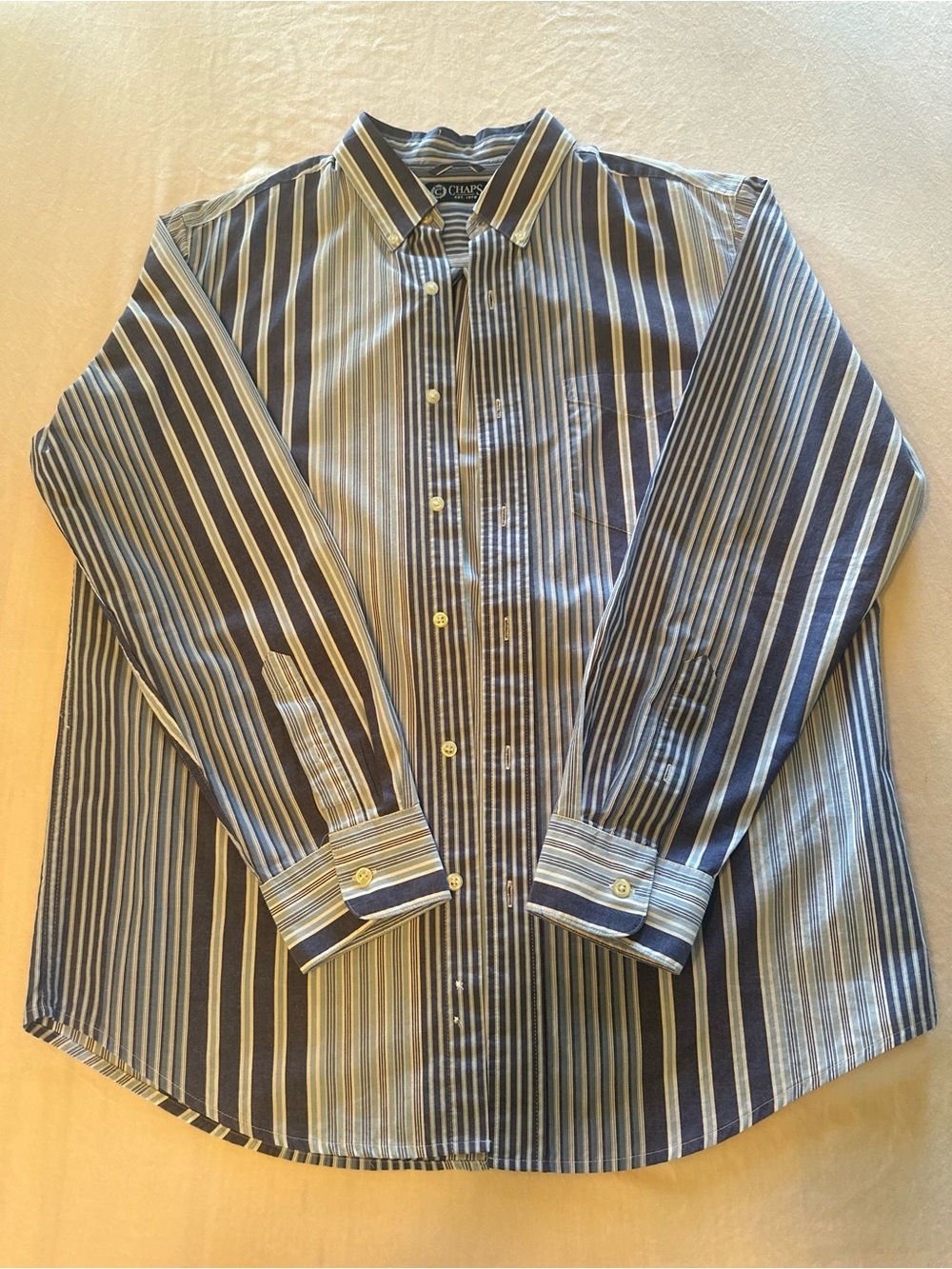 Chaps Men's Navy and White Striped Button-Down Shirt